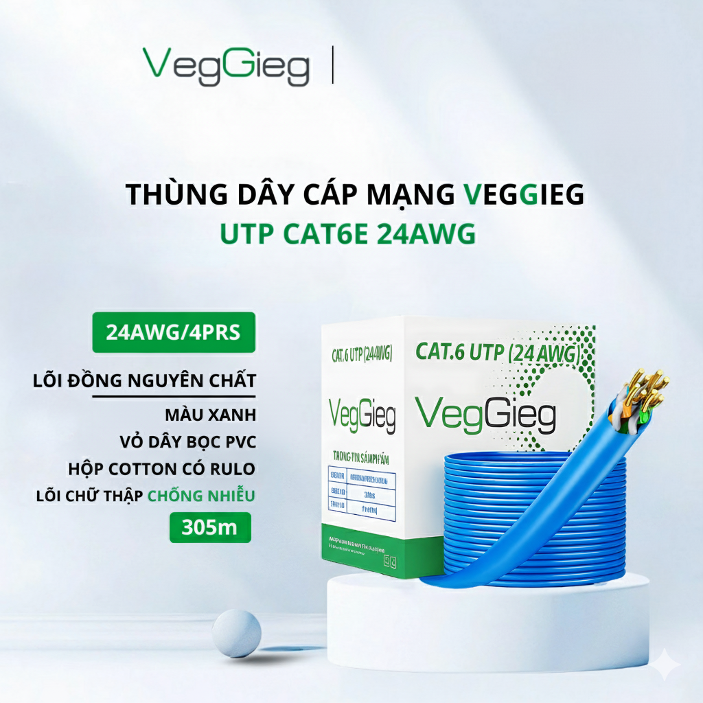 Dây cáp mạng VegGieg UTP Cat6 24AWG Màu Xanh (Lõi Đồng 305m)